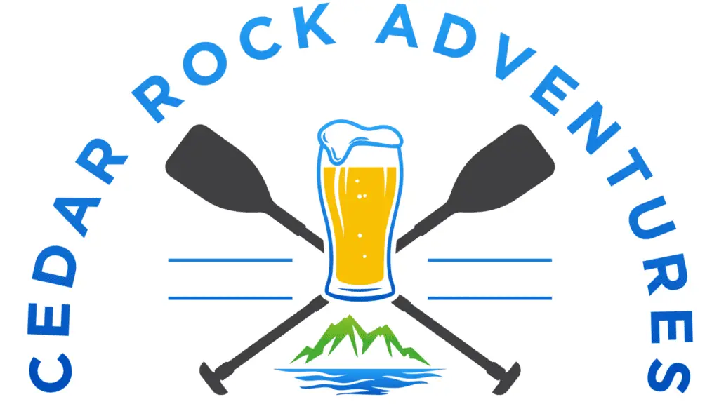 Beer tasting and outdoor adventure logo with mountains, beer glass, paddles, and water.