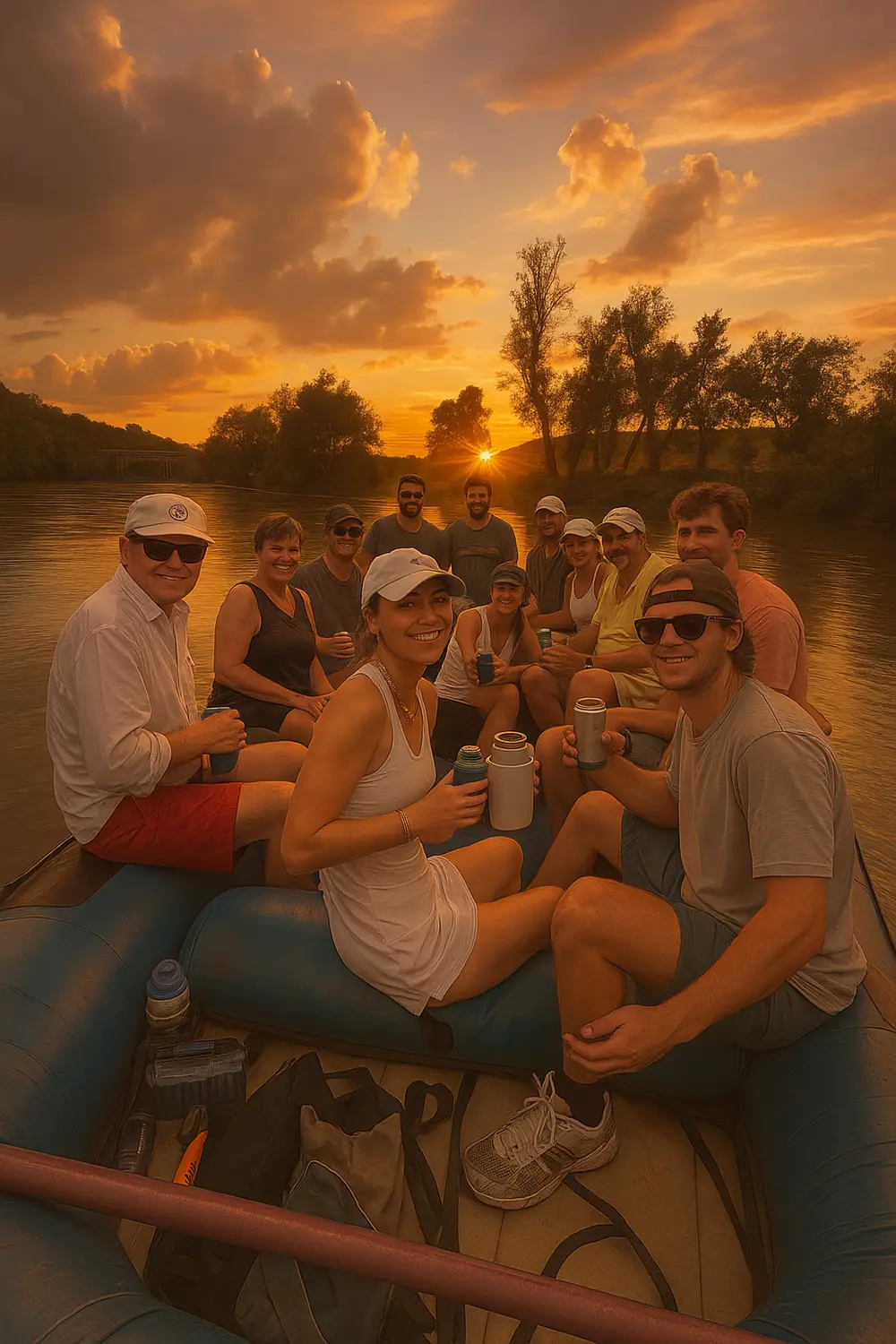 People on a sunset raft tour at Cedar Rock Adventures in Asheville, NC.